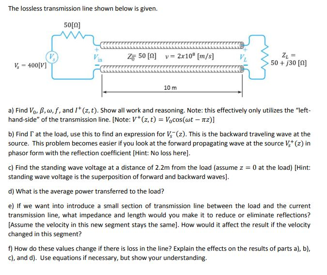 Solved The Lossless Transmission Line Shown Below Is Give Chegg Com