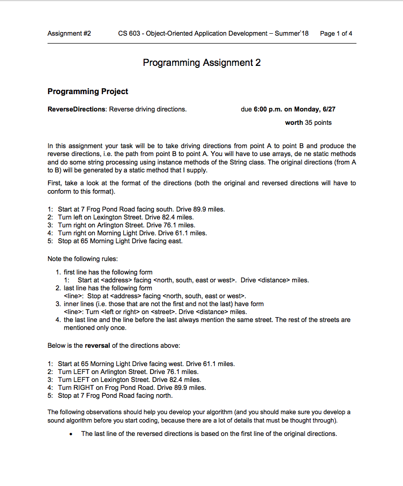 Driving Directions To 27 Assignment #2 Cs 603 - Object-Oriented Application | Chegg.com
