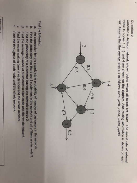 Question 2 Consider a Jackson network shown below where all nodes are MM/1. The arrival rate of external raffic to nodes 1, 2