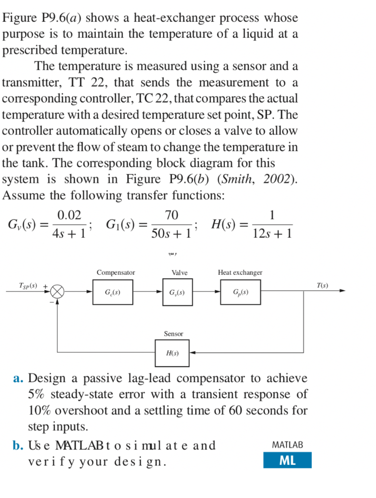 Figure P9.6(a) shows a heat-exchanger process whose purpose is to maintain the temperature of a liquid at a prescribed temper