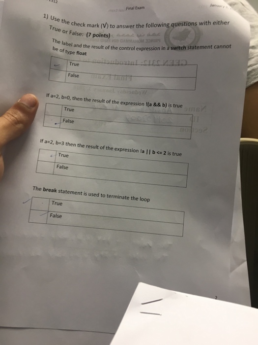 Final Exam 1) Use the check mark (V) to answer the following questions with either rue or False: (7 points) bel and the result of the control expression in a switch statement cannot be of type float True False If a-2, bm0, then the result of the expression I(a && b) is true True False If a2, b-3 then the result of the expression la Ⅱ b <= 2 is true True False The break statement is used to terminate the loop True False