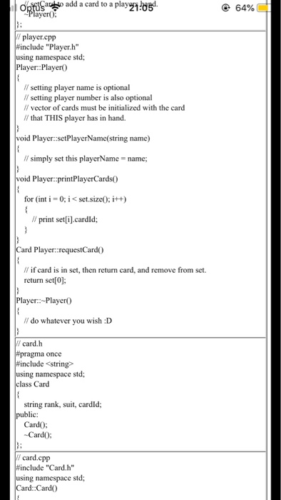 Optüga^io add a card to a playi @ 64% ayer); player.cpp #include Player. h g namespace std; r::Player0 ll setting player na