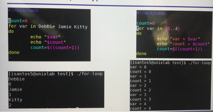 /bin/bash !/bin/bash count-0 for var in Debbie Jamie Kitty do count e or var in f0..4) 0 do echo $var echo $count count-$