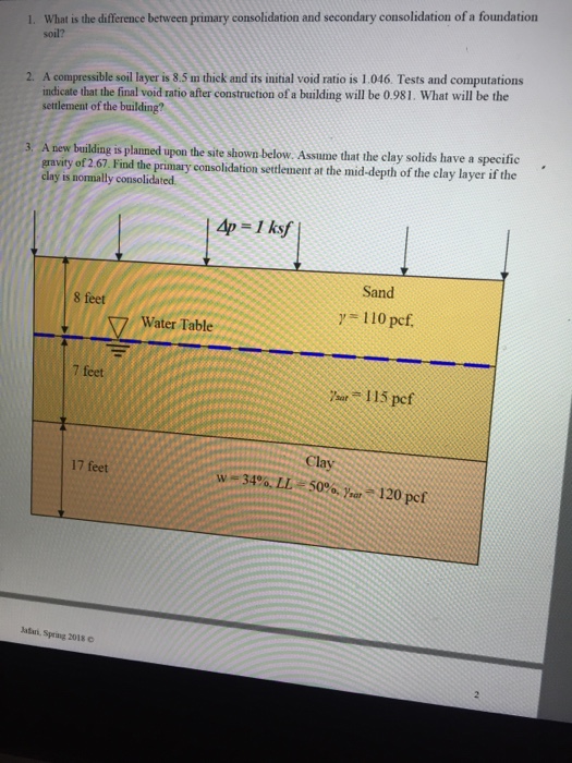 What is the difference between primary consolidation and secondary consolidation of a foundation soil? 1. 2. a compressible soil layer is 8.5 un thick and its initial void ratio is 1.046. tests and computations indicate that the final void ratio after construction of a building will be 0.981. what will be the settlement of the building? 3. a new building is planned upon the site shown below. assume that the clay solids have a specific eravity of 2 67. find the primary consolidation setlement at the mid-depth of the clay layer if the clay is nomally consolidated. sand 8 feet 110pcf. water table 7 feet 7m, ? 15 pcf clay , w-34%, ll 50%, y,,-120 pcf 17 feet jatari, spring 2018