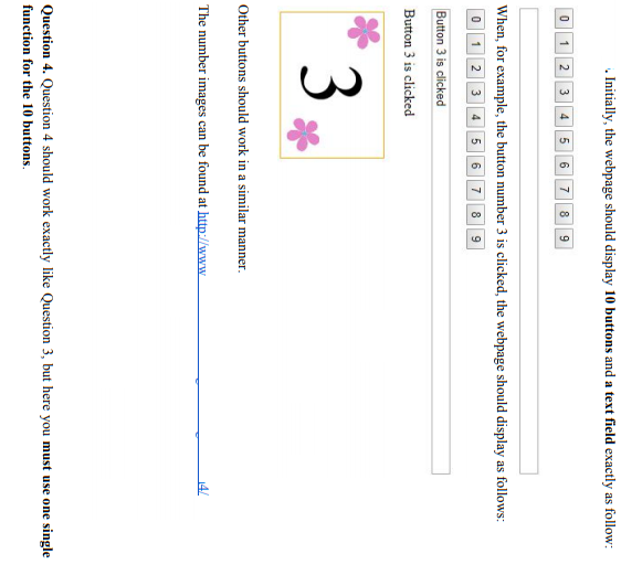 . Initially, the webpage should display 10 buttons and a text field exactly as follow: 0 1 2 34 5 67 89 When, for example, the button number 3 is clicked, the webpage should display as follows: 0 123 4 5 67 89 Button 3 is clicked Button 3 is clicked Other buttons should work in a similar manner The number images can be found at htp:llwww Question 4. Question 4 should work exactly like Question 3, but here you must use one single function for the 10 buttons