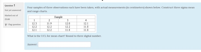Question 1 Not yet answered Marked out of 25.00 Flag qorstion Four samples of three observations each have been taken, with actual measurements (in centimeters) shown below. Construct three sigma mean and range charts Sample 12.3 11.9 12.2 12.2 12.1 11.8 12.2 12.2 What is the UCL for mean chart? Round to three digital number Answer