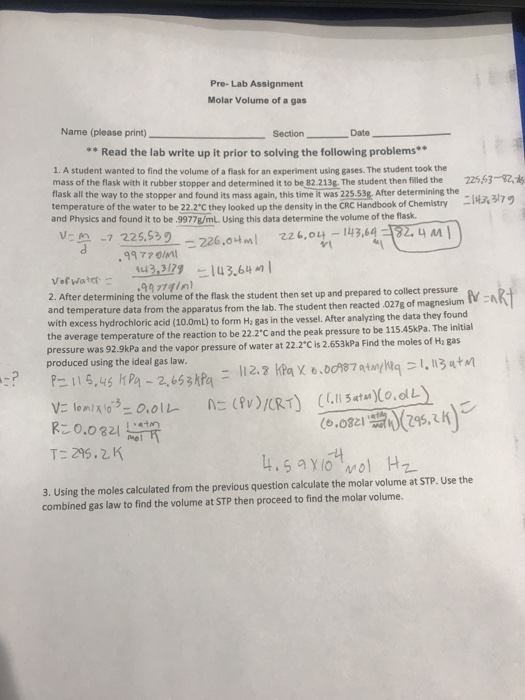 Pre Lab Assignment Molar Volume Of A Gas Name Chegg 