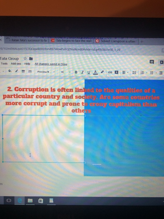 < Ratan Tatas successor to fa l Tata begins to face the reali-eso ved: is often+ Tata Group ☆ Tools Add-ons Help All changes saved in Drive 曰a 2. Corruption is often lin particular country and soc more corrupt and prone t othe Are sons counarlcs es