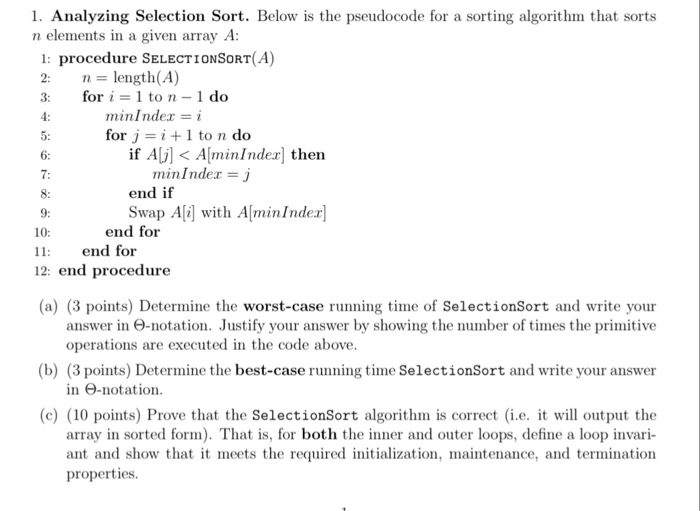 Solved 1 Analyzing Selection Sort Below Is The Pseudoco Chegg Com