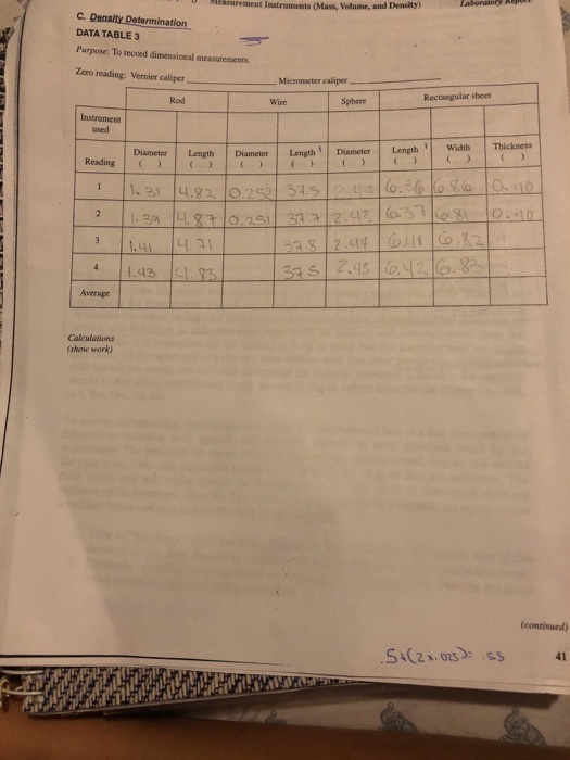 readings of vernier calliper experiment