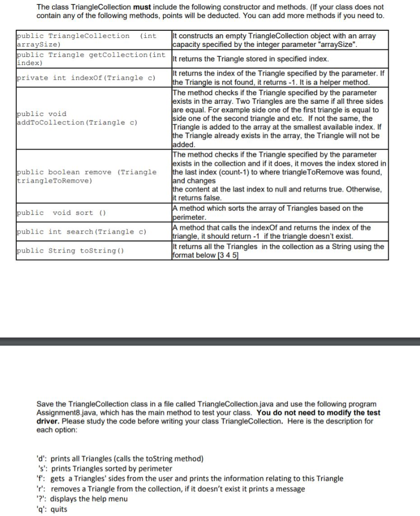 The class TriangleCollection must include the following constructor and methods. (If your class does not contain any of the f