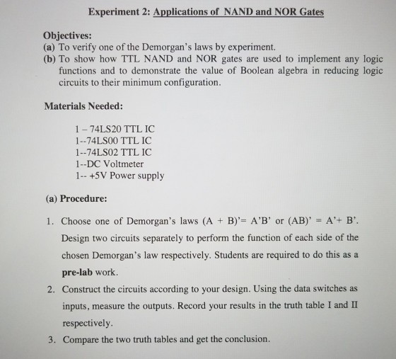 Experiment 2 Applications Of Nand And Nor Gates Chegg Com