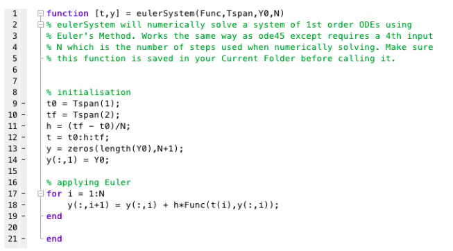 function % eulerSystem will numerically solve a system of 1st order ODEs using % Eulers Method. works the same way as ode45