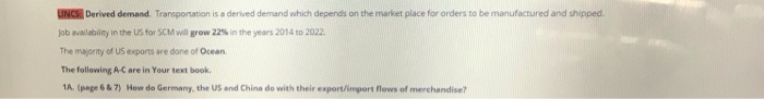 un Derived demand. Tran ponation is a den ed demand which depe nds on the market place for orders to be manufactured and shipped. job availability in the us for SCM wilgrow 22% in the years 2014 to 2022. The majority of US exports are done of Ocean The following A-C are in Your text book 1A. (page 6 &7) How do Germany, the US and China do with their export/import flows of merchandise?