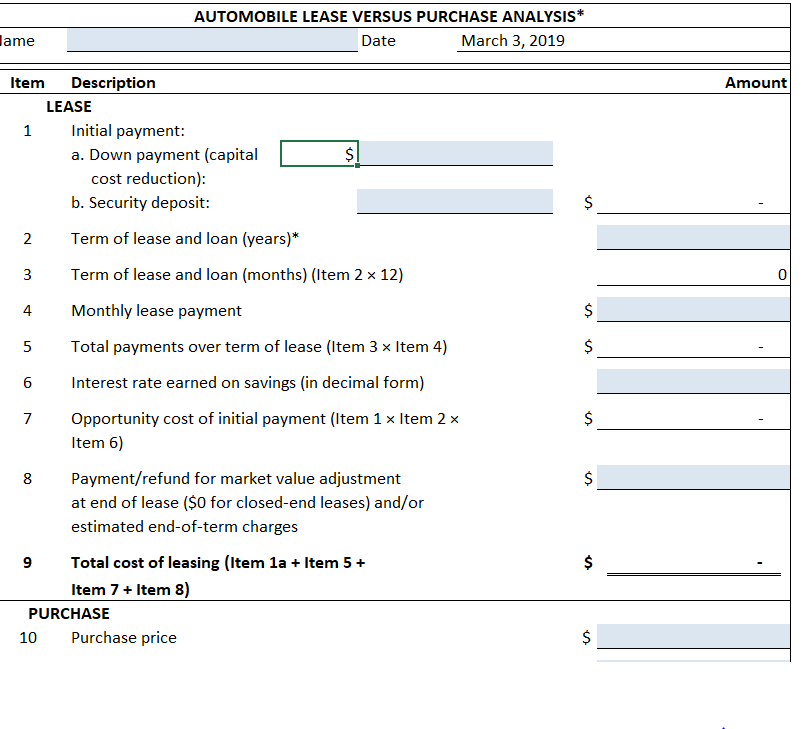Solved 2. Lease vs. purchase car decision. Use Worksheet | Chegg.com