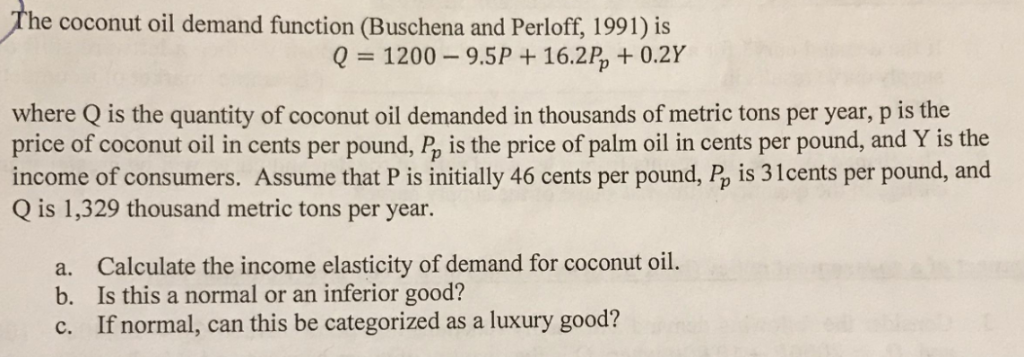 Solved The Coconut Oil Demand Function Buschena And Chegg Solved The Coconut Oil Demand Function Buschena And Chegg