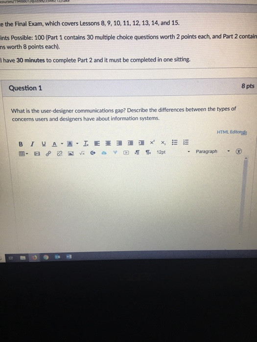 e the Final Exam, which covers Lessons 8, 9, 10, 11, 12, 13, 14, and 15. ints Possible: 100 (Part 1 contains 30 multiple choi