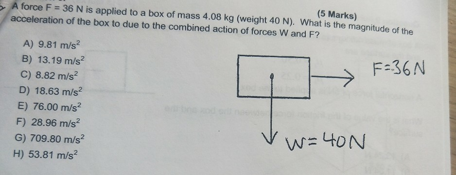 Solved 5 Marks A Force F 36 N Is Applied To A Box Of Ma Chegg Com