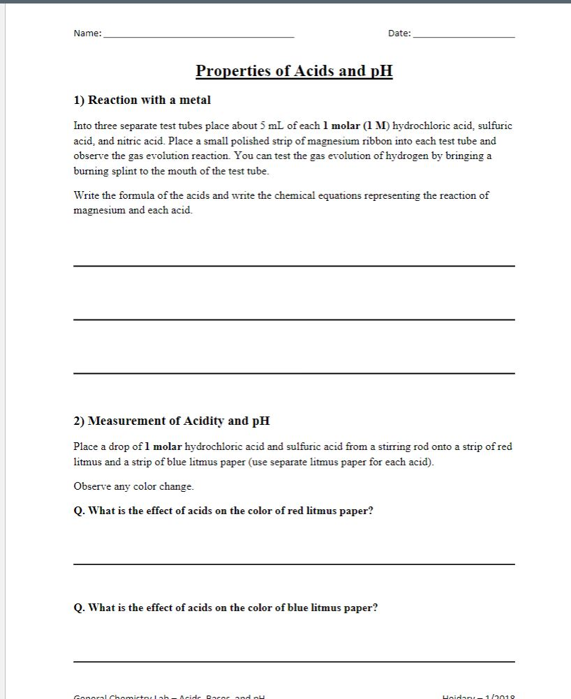 Solved Name Date: Properties of Acids and pH 1) Reaction