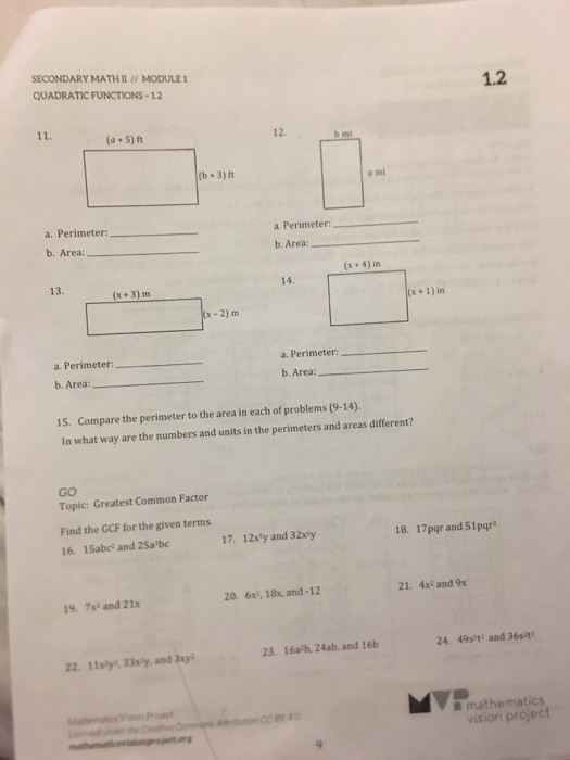 Secondary Math H Module 1 Quadratic Functions 12 1 2 Chegg 