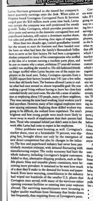 SIS Covington Corrugated Fa Larisa Harrison grimaced as she tossed her companys Cov latest quarterly earnings onto the desk. When sales at ers were Virginia-based Covington Corrugated Parts &Services take. IfC surged past the $10 million mark some time back, Larisa going to was certain the company was well positioned for steady way to a growth. Today Covington, which provides precision ma- ing for r chine parts and service to the domestic corrugated box and serving paperboard industry, still enjoys a dominant market share, the plan 

<div class=