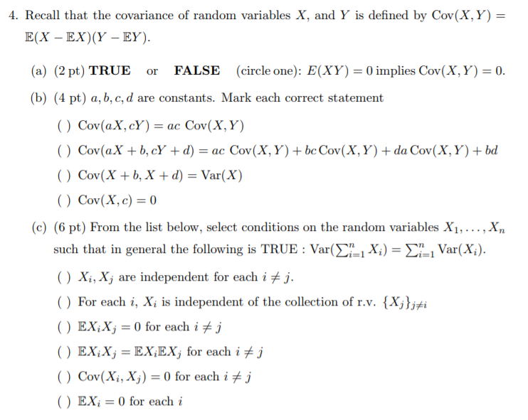 Solved 4 Recall That The Covariance Of Random Variables Chegg Com