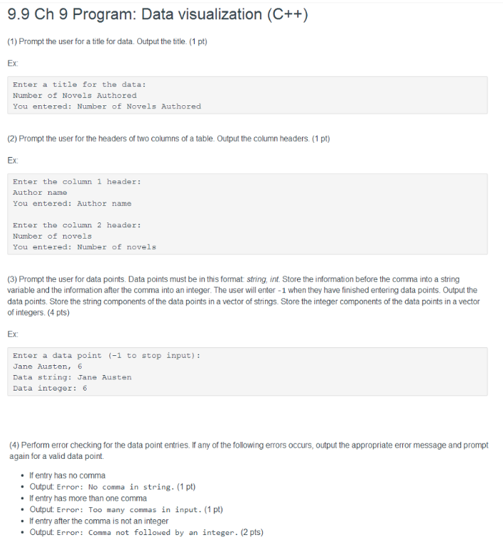 9.9 Ch 9 Program: Data visualization (C++) (1) Prompt the user for a title for data. Output the title. (1 pt) Ex Enter a titl