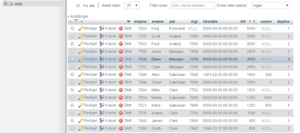 + emp Vis alle Antall rader.25 v Filter rader Søki denne tabellen Sorter etter nøkkelIngen + Innstillinger empno ename job mg