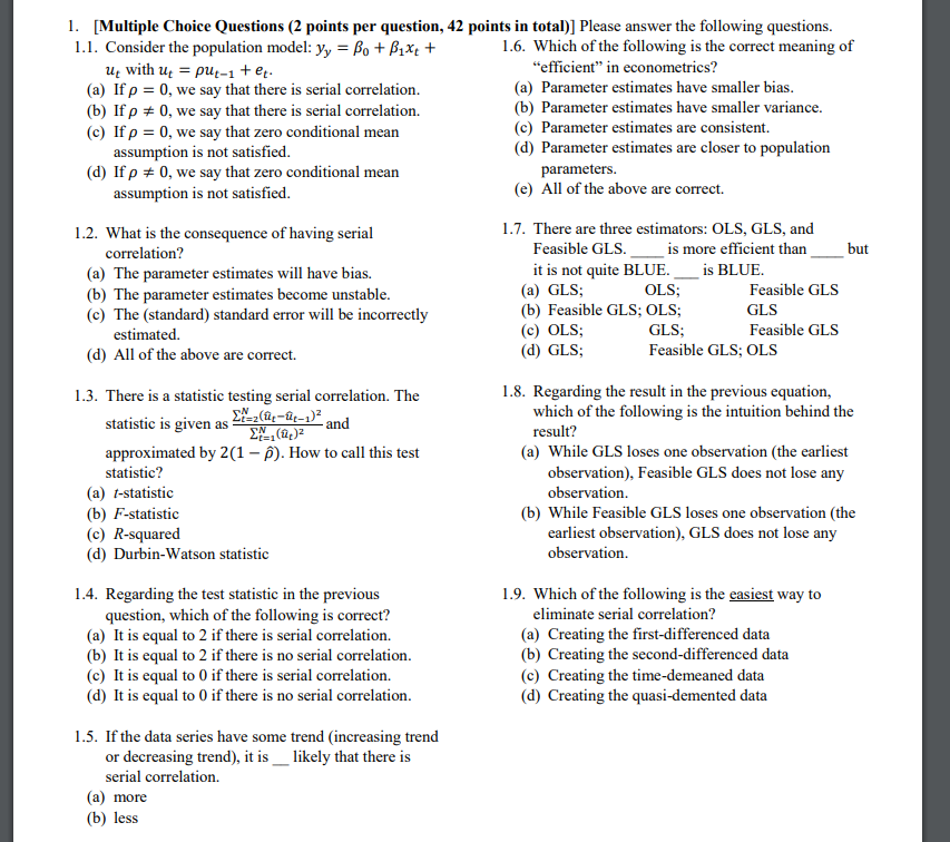 Solved 1 Multiple Choice Questions 2 Points Per Questi Chegg Com