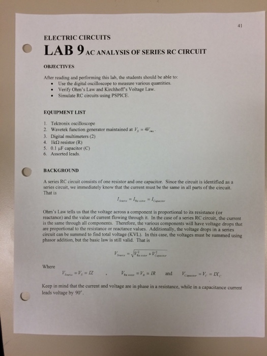 Solved: 41 ELECTRIC CIRCUITS LAB 9 AC ANALYSIS OF SERIES R ...