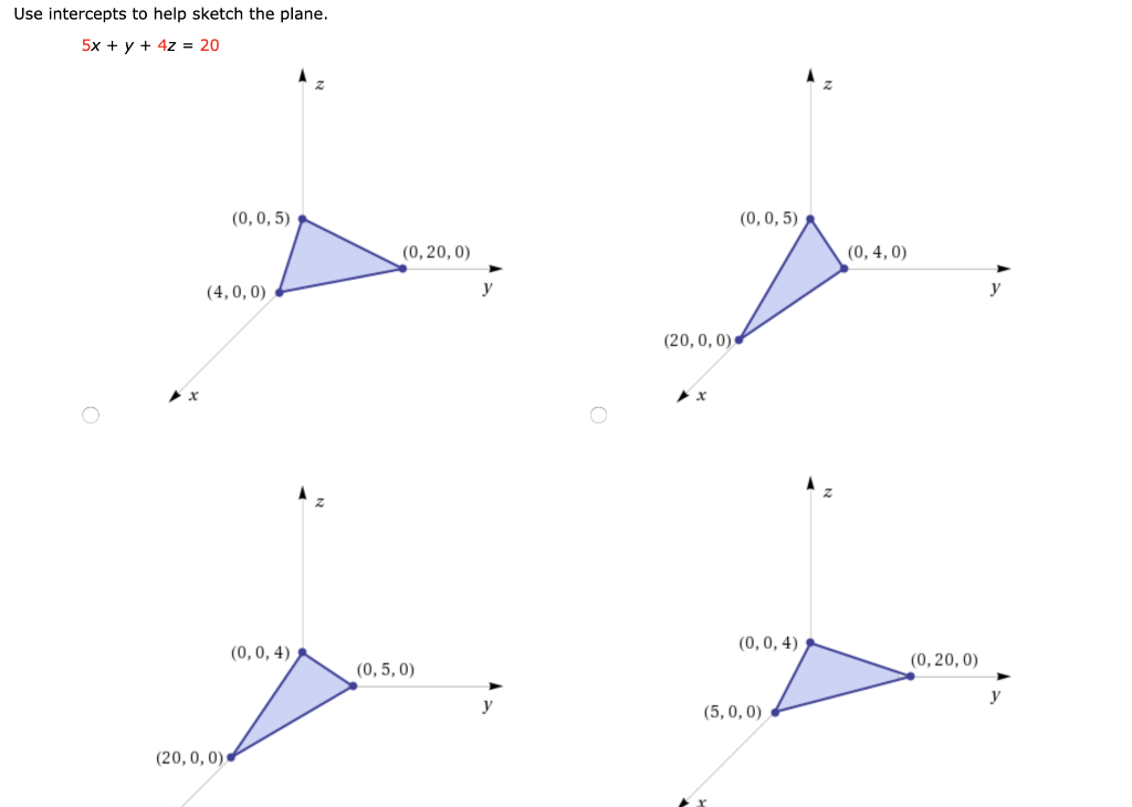 Solved Use Intercepts To Help Sketch The Plane 5xy4z 2