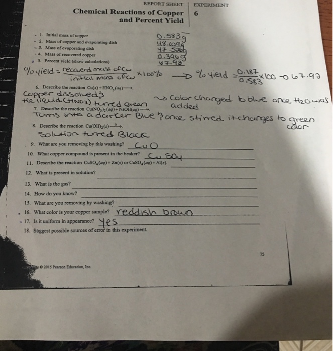 Report Sheet Experiment Chemical Reactions Of Copper Chegg 