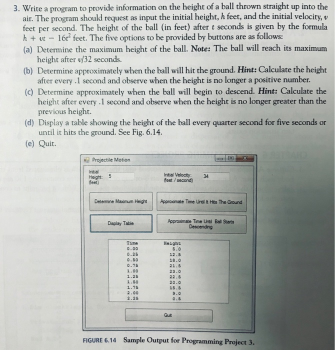 3. Write a program to provide information on the height of a ball thrown straight up into the air. The program should request as input the initial height, h feet, and the initial velocity, v feet per second. The height of the ball (in feet) after t seconds is given by the formula h t 16 feet. The five options to be provided by buttons are as follows: (a) Determine the maximum height of the ball. Note: The ball will reach its maximum height after v/32 seconds. after every .1 second and observe when the height is no 

<div class=