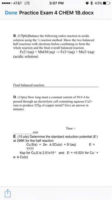 Solved Balance The Following Redox Reaction In Acidic Sol Chegg Com