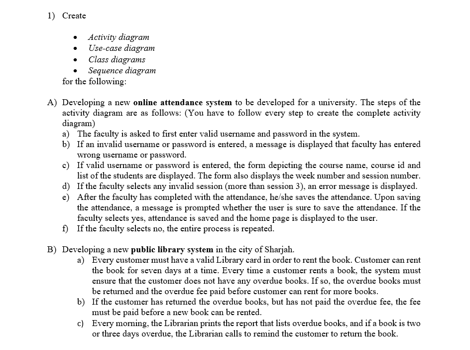 Create Activity diagram Use-case diagram . Class diagrams . Sequence diagram for the followin g: A) Developing a new online a