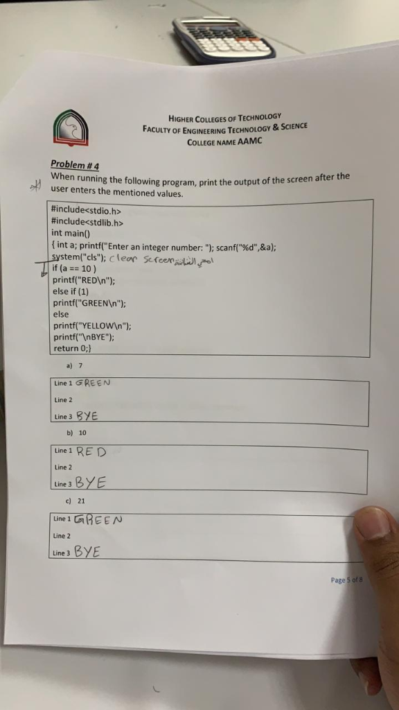 HIGHER COLLEGES OF TECHNOLOGY FACULTY OF ENGINEERING TECHNOLOGY & SCIENCE COLLEGE NAME AAMC Problem#4 wing program, print the