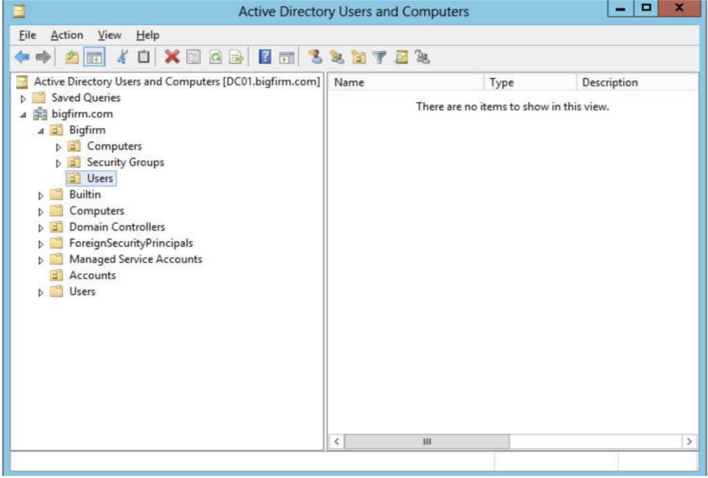 Active Directory Users and Computers File Action View Help Active Directory Users and Computers [DC01.bigfirm.com] Name DSave