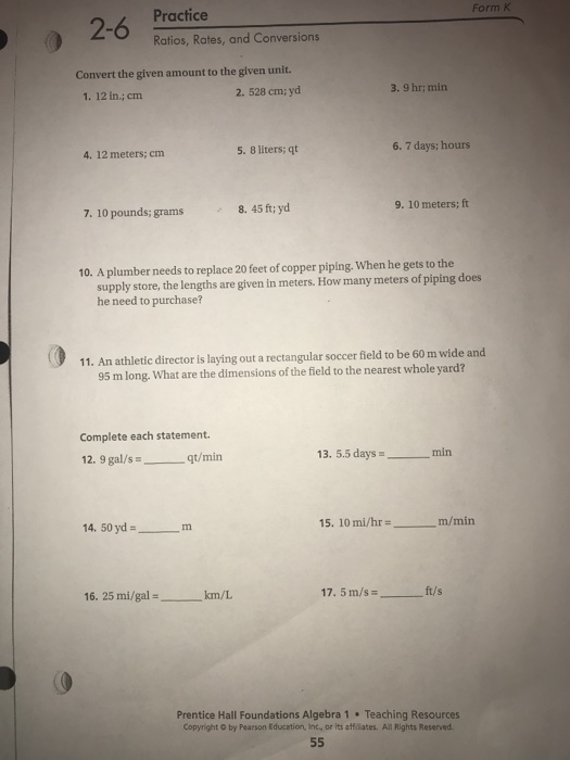 Solved 2 6 Practice Form K Ratios Rates And Conversions 2 6 Practice Form K Ratios Rates And Conversions Convert The Given Amount