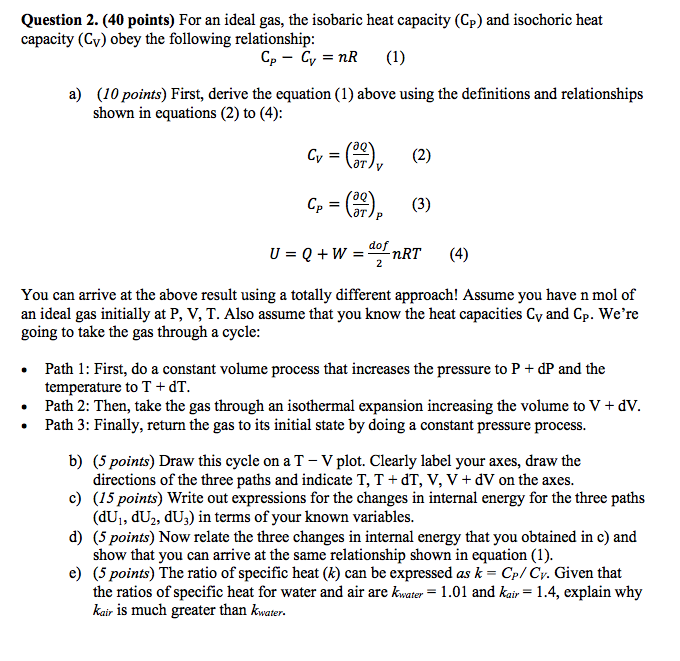 Solved Question 2 40 Points For An Ideal Gas The Isob Chegg Com