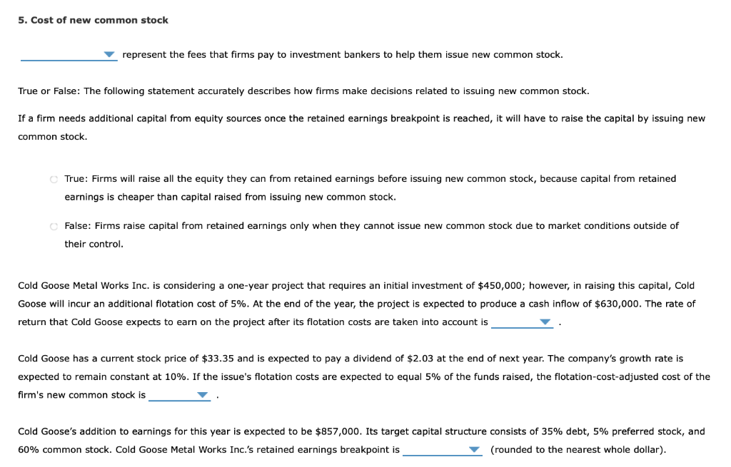 Solved 5 Cost Of New Common Stock Represent The Fees Tha