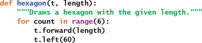 def hexagon(t, Tength): Draws a hexagon with the given 1ength. for count in range(6): t. forward(length t.left (60)