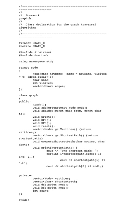 // Homework graph.h I/ Class declaration for the graph traversal algorithms #indef GRAPH H #define GRAPH H #include <iostream