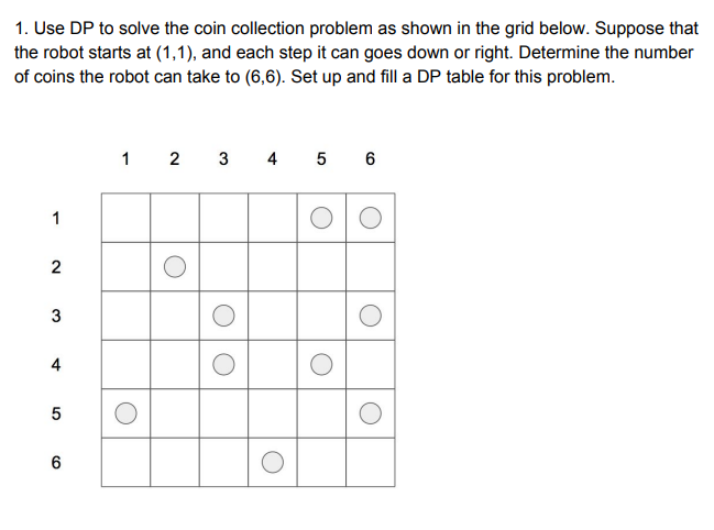 the robot starts at (1,1), and each step it can goes down or right. Determine the number of coins the robot can take to (6,6)