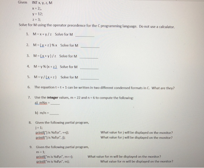 Given Int X Y Z M X 2 Y 12 Z 3 Solve For M Chegg Com