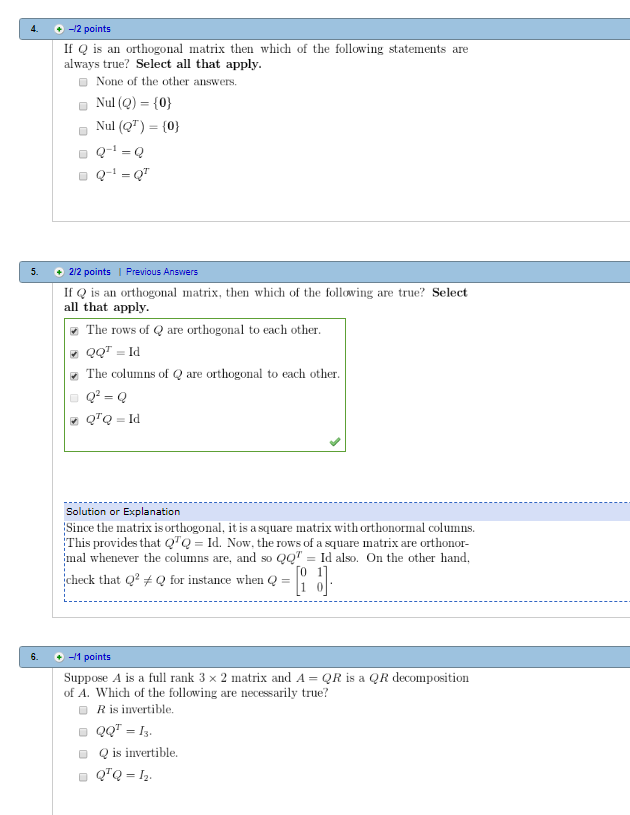 Solved 4 12 Points If Q Is An Orthogonal Matrix Then Whi Chegg Com