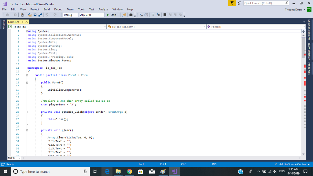 Tic Tac Toe-Microsoft Visual Studio Quick Launch (Ctri+Q) File Edit View Project Build Debug Team Tools Test Analyze Window H