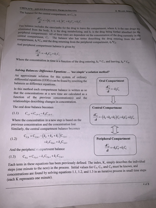 CHEN J170-AFFLIED ENGENEERING PROBLEM SOLVING The balance for the central compartment, or Co, is F. MAASE.SPRIN This balance