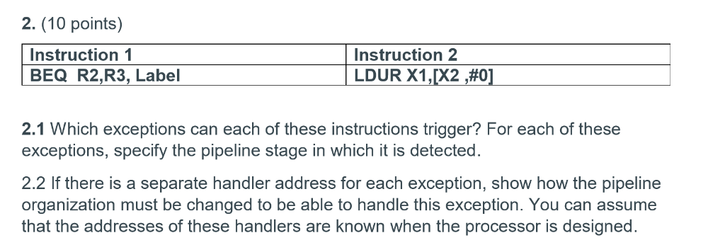 2. (10 points) Instruction 2 | LDUR X1,X2 #0 Instruction 1 BEQ R2,R3, Label 2.1 Which exceptions can each of these instructio