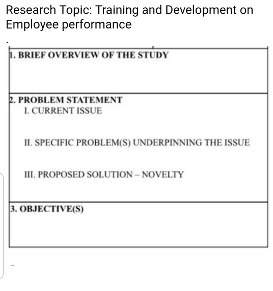 Research Topic: Training and Development on Employee performance BRIEF OVERVIEW OF THE STUDY 2.PROBLEM STATEMENT .CURRENT ISS