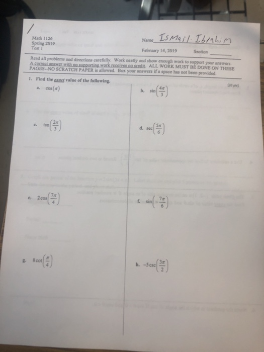 Solved Math 1126 Spring 2019 Test I February 14, 2019